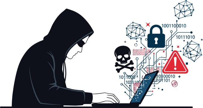 cyber security threat illustration, hacker attack concept, data breach protection, online privacy risk, malware warning, digital security system, internet safety technology design