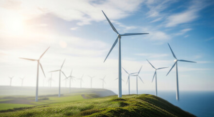 Fototapeta premium Serene View of Wind Turbines on A Green Hillside Under A Bright Blue Sky Concept Digital Technology