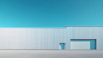 Obraz premium A modern white factory building with gates stands against a clear blue sky, exemplifying minimalist industrial architecture and providing the perfect backdrop for industrial themes.