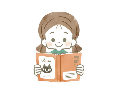 本を読んでいる女の子-水彩
