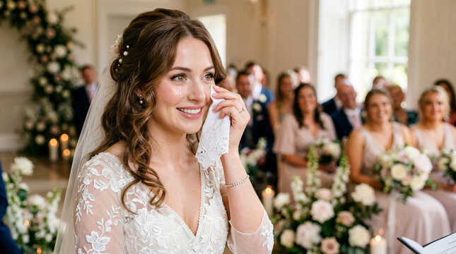 Bride wiping joyful tear during wedding ceremony with guests  
