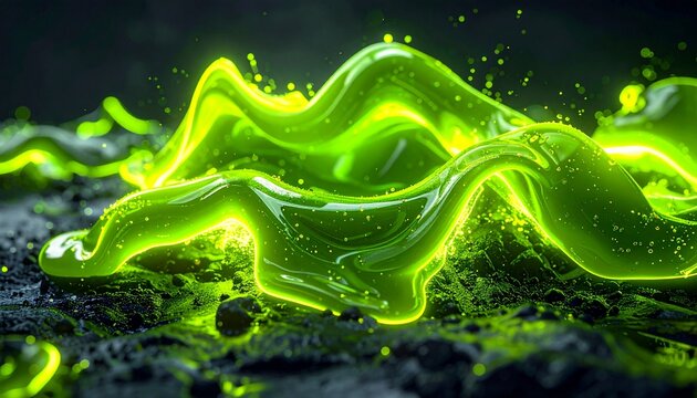 Viskose Neon-Limetten-Fl&uuml;ssigkeit auf dunklem Anthrazit, elektrisches Leuchten, Cyberpunk-Stil, generative KI.
