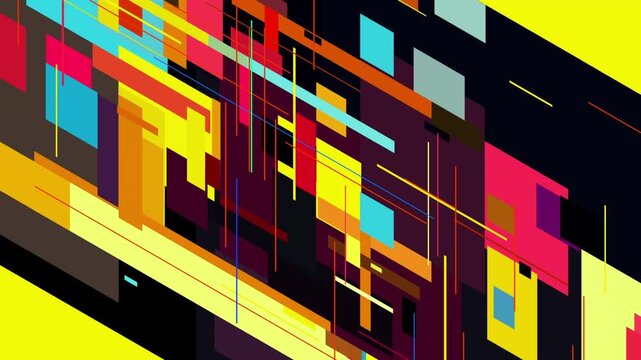 黒い背景に黄色と赤の幾何学的ブロックが交差するダイナミックなデジタルアート。テクノロジーとスピード感を象徴する抽象背景アニメーション