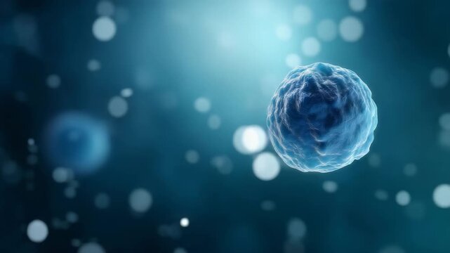 Microscopic blue cell in abstract biomedical research background. cell, microbiology, biology, medical research, biotechnology, science, cellular structure, laboratory, healthcare, microscopic, 3d