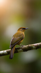 Obraz premium A beautiful brown bird perched on a branch in the Amazon rainforest, with a soft, sunlit glow in the background
