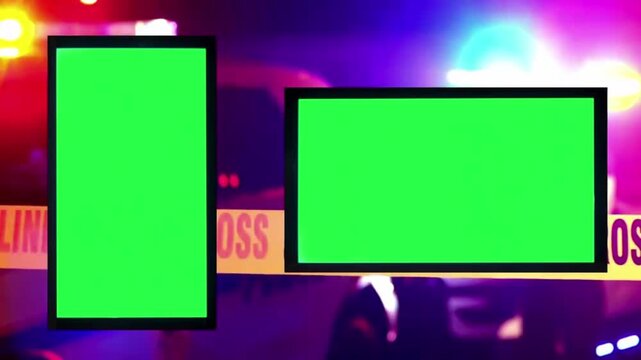 Police Crime Scene Background with Green Screen Frames and Police Line