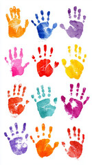 Fototapeta premium Colorful painted handprints collection on white background, kids art creative concept 