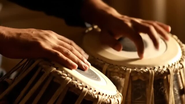 Close-up of hands playing the tabla drums, a traditional Indian percussion instrument.