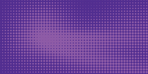 Purple halftone pattern. Retro comic gradient background. Violet pixelated dotted texture overlay. Cartoon pop art faded gradient pattern. Vector backdrop © PRIAM