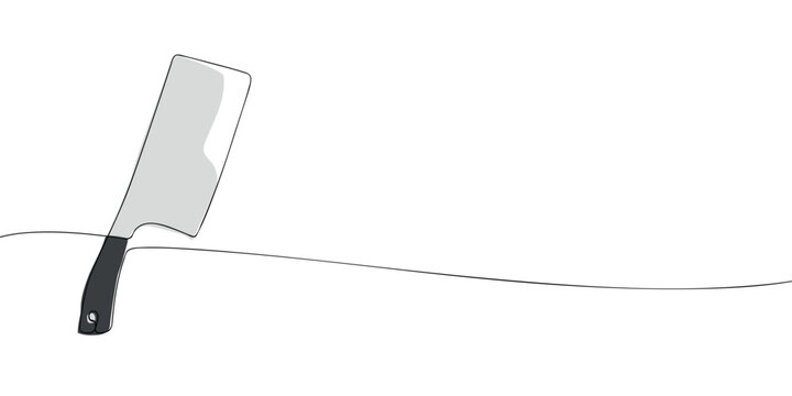 One line drawing of a butcher knife with black handle on white background. Minimal continuous line art for kitchen, cooking, and restaurant design with copy space
