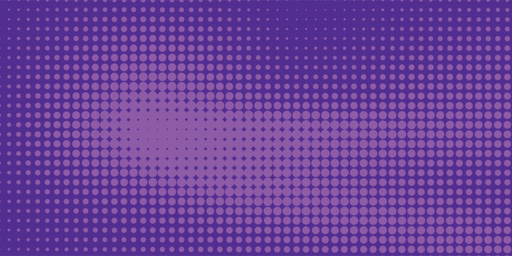 Purple halftone pattern. Retro comic gradient background. Violet pixelated dotted texture overlay. Cartoon pop art faded gradient pattern. Vector backdrop