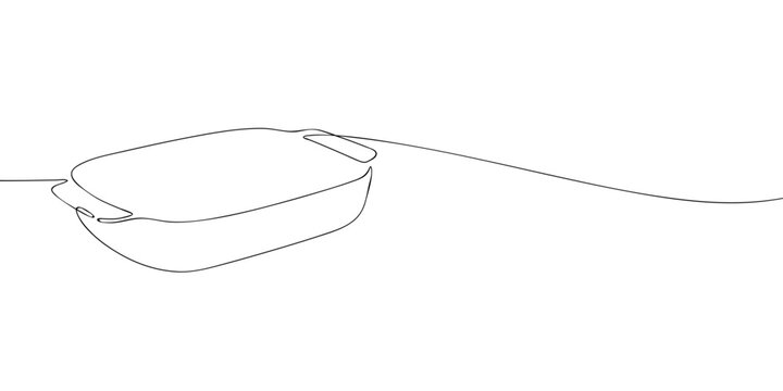 Minimal one line illustration of a rectangular baking dish with handles shown in a simple clean style on a white background