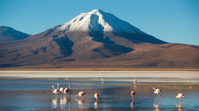 Snowy Licancabur volcano in Andes montains reflecting in the wate of Laguna Chaxa with Andean flamingos, Atacama salar landscape, Chile.