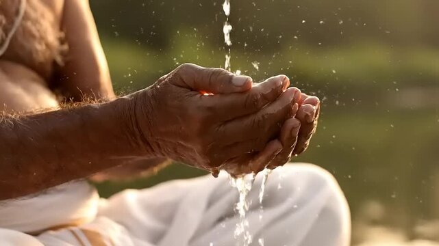 Close-up of mans hands cupped to catch flowing water outdoors.