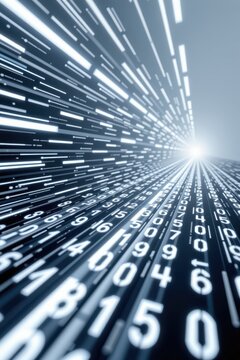 Abstract digital background with glowing numbers and converging light beams, symbolizing fast data transmission, futuristic networks, and high-speed information flow.