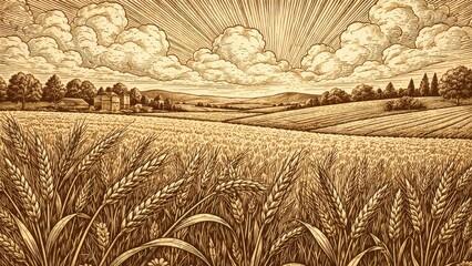 Vintage countryside wheat field illustration.