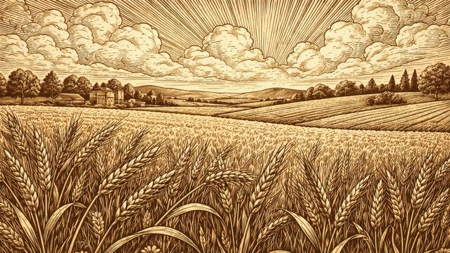 Vintage countryside wheat field illustration.
