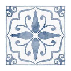 Watercolor illustration of square ceramic Tiles with blue ornamental floral motifs and symmetrical geometry. Mediterranean Azulejo style elements isolated for interior design, kitchen backsplash. © Alisles