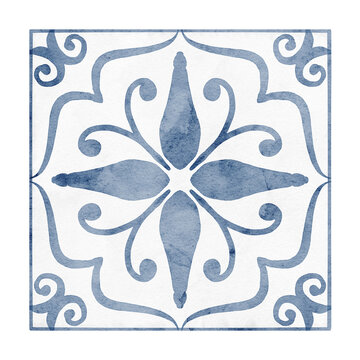 Watercolor illustration of square ceramic Tiles with blue ornamental floral motifs and symmetrical geometry. Mediterranean Azulejo style elements isolated for interior design, kitchen backsplash.