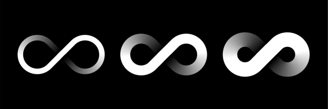 Set of white infinity symbols with different stroke weight on black background. Vector illustrations