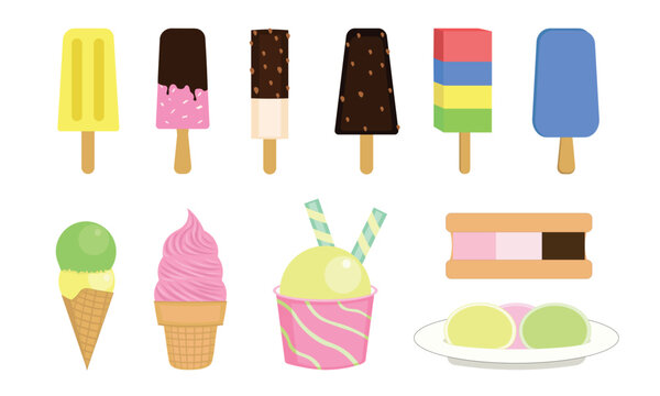 cute and fresh ice cream, ice cream stick, cone, cup. design elements for F&B business. vector illustration