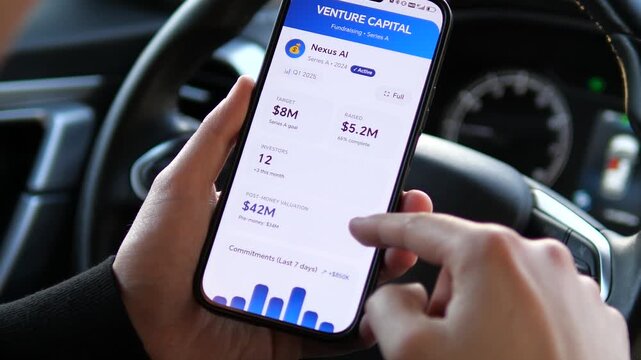 Investor tracking venture capital fundraising progress for an AI startup on a smartphone. Features Series A metrics, valuation, and capital raised. Perfect for business, fintech, and entrepreneurship
