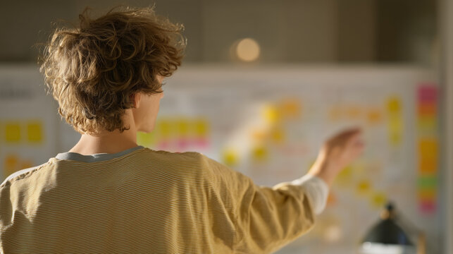 Solopreneur organizing color-coded task management system using physical index cards on wall grid, morning sunlight streaming across organized workspace, ideal for analog productivity methods, syste