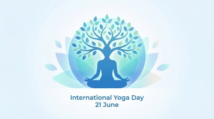 Naklejka premium International yoga day meditation concept with tree and human silhouette showing growth balance harmony wellness mindfulness nature inspired healthy lifestyle background