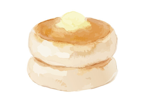 Watercolor-style thick fluffy Japanese-style pancake illustration, stack with berry maple syrup ／ 水彩ふかふかパンケーキ