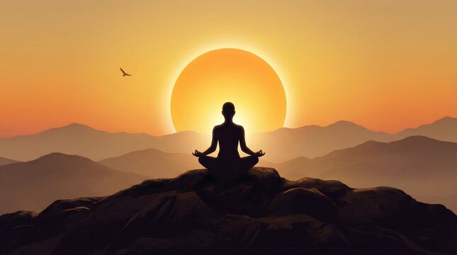 International yoga day sunrise meditation silhouette on mountain peak showing peace balance mindfulness wellness healthy lifestyle nature spiritual harmony concept background