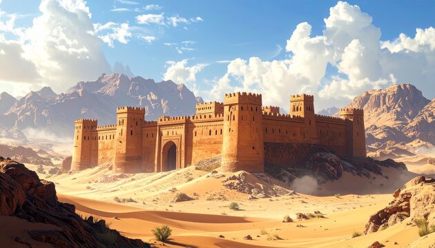 Majestic Desert Fortress - A Digital Painting of Ancient Architecture.