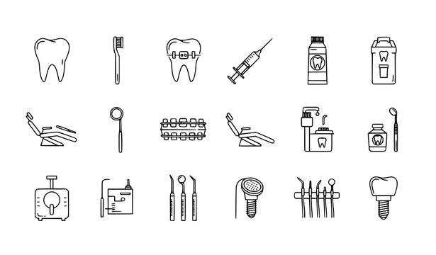 Dental clinic thin line icon set with tooth tools and dentist equipment outline vector