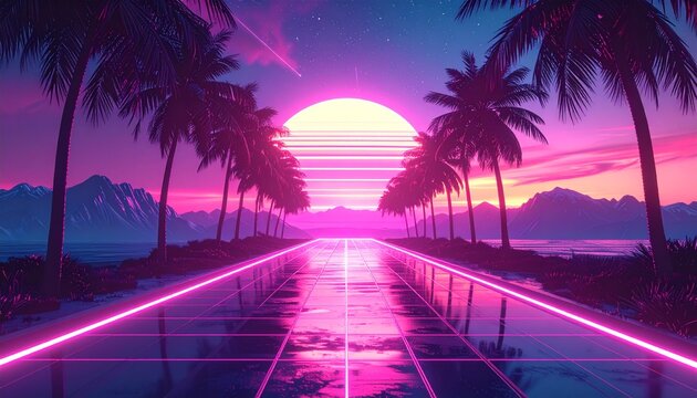 Vaporwave Sunset Drive - Neon Lights and Palm Trees.