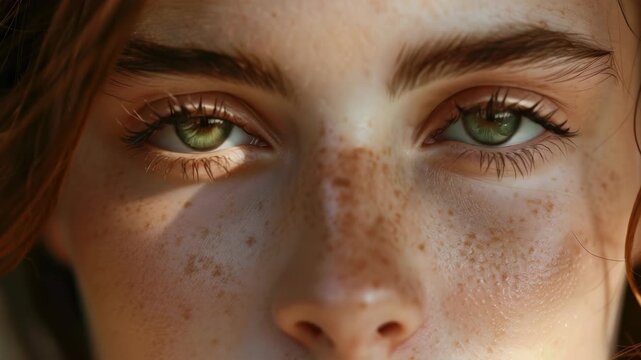 Female face close up with brown eyes and sunlight on skin, focusing on eyes and freckles