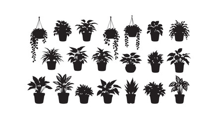 Fototapeta premium A collection of potted plants in black silhouette on a white background isolated on transparent background