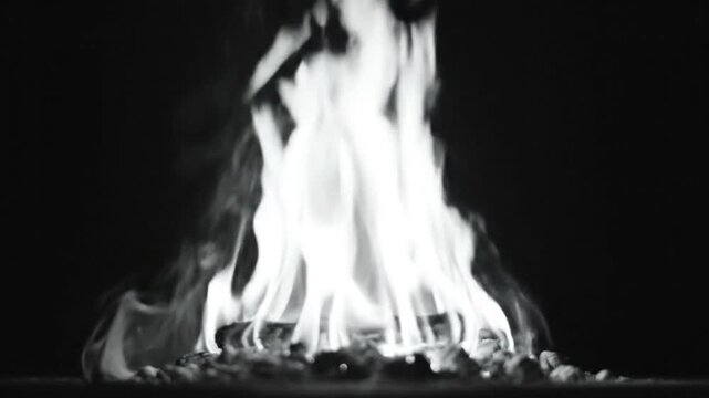 Black and White Flames Burning against a Dark Background with Smoldering Embers and Smoke.