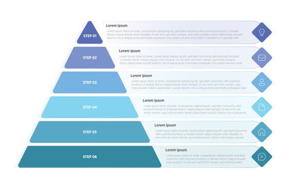 Professional infographic template featuring a 6‑layer pyramid design. Each step is color‑coded with editable text placeholders, icons, and numbering from 1 to 6.