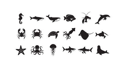 Collection of various marine animals silhouettes on white background isolated on transparent background © Md