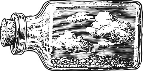 Obraz premium vintage illustration of a corked bottle containing clouds and small rocks inside