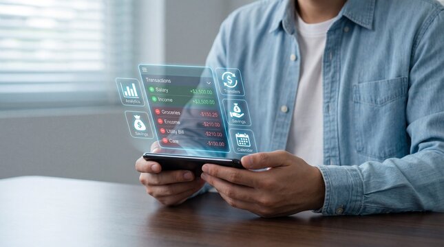 Smart banking concept: a person manages real-time transactions and financial data on a mobile device.