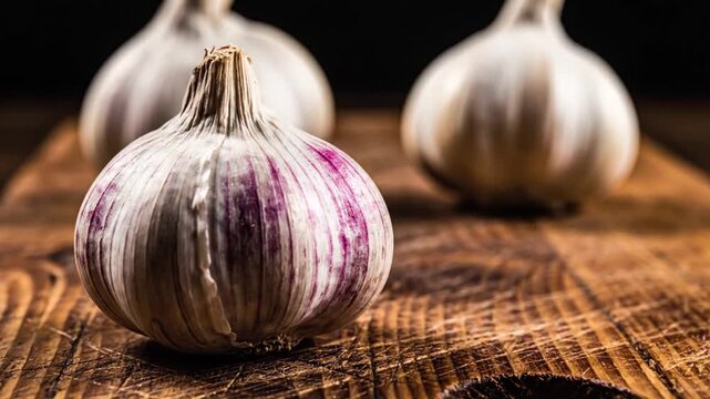 Three fresh garlic bulbs on a rustic wooden cutting board