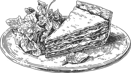 Obraz premium Layered slice of cake with garnish on plate detailed hand drawn black and white dessert illustration