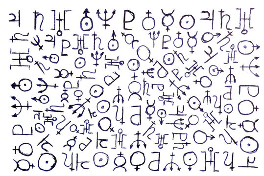 The signs and designations of the planets are drawn with a pen on a sheet of school notebook.