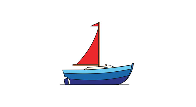 Simple vector illustration of a small blue sailboat with a red sail