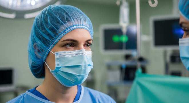 A diligent female medical professional wearing a surgical cap and mask works in a sterile operating room environment.