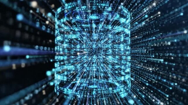 Abstract digital data stream flowing through a futuristic cylindrical information core with glowing binary code