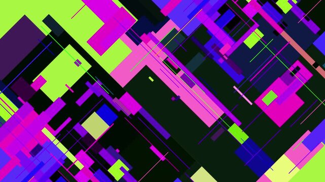 黒背景にマルチカラーの幾何学的ブロックを配置したモダンな抽象デザイン。データの可視化とテクノロジーをテーマにしたデジタルアート背景。