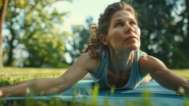 A woman laying down, practicing a forward fold pose on a yoga mat outdoors.