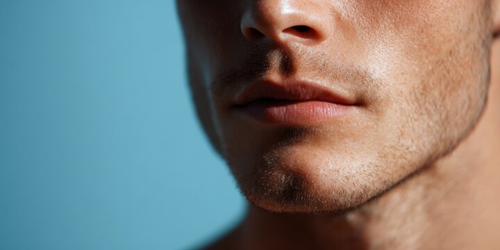 Close-up young caucasian male adult lower face with light stubble, defined jawline and neutral lips against blue background, skin texture detail and soft directional lighting