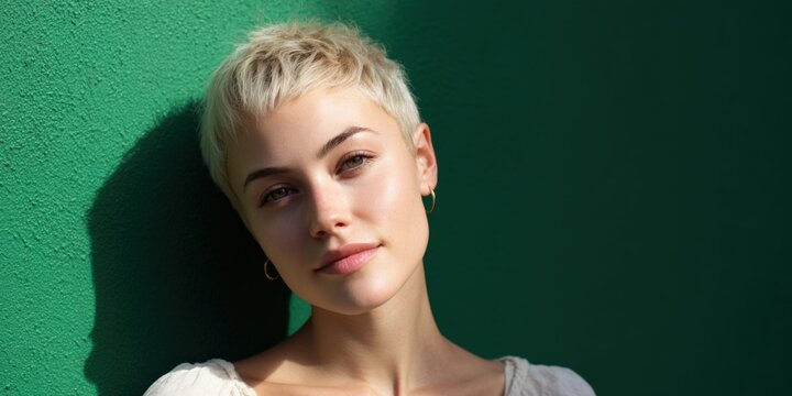 Female caucasian young adult short blonde pixie haircut green background closeup portrait serene confident gaze minimal makeup hoop earring